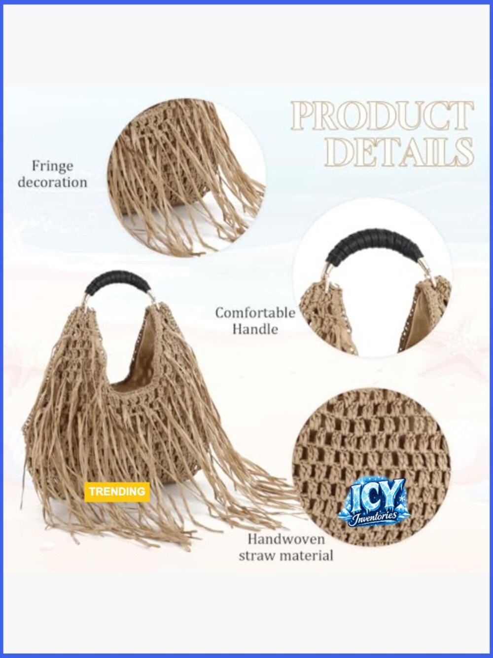 Straw Tassel Beach Bag Lightweight Woven Tote Handbag Fringe Summer Clutch - Picture 6 of 7